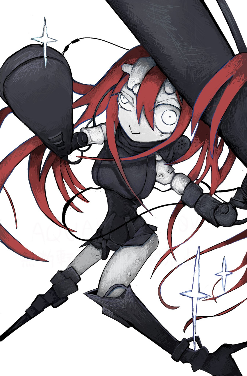 1girl android aquarium_l0ver blame! half-closed_eye high_heels highres lazy_eye looking_at_viewer maeve_(blame!) red_hair robot_girl solo sparkle white_background white_eyes