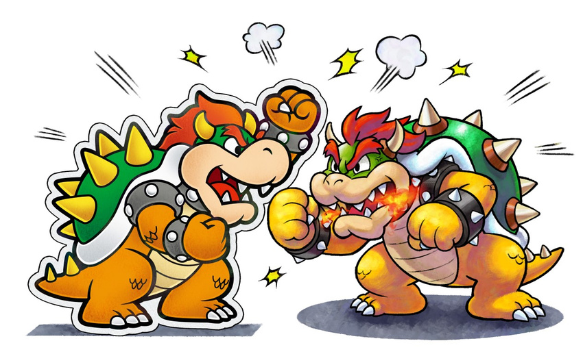 bowser bracelet breathing_fire claws clenched_hands collar dual_persona fire full_body horns jewelry mario_&amp;_luigi:_paper_jam mario_&amp;_luigi_rpg mario_(series) no_humans official_art open_mouth outline paper_mario scales simple_background spiked_bracelet spiked_collar spikes standing super_mario_bros. thick_eyebrows white_background white_outline