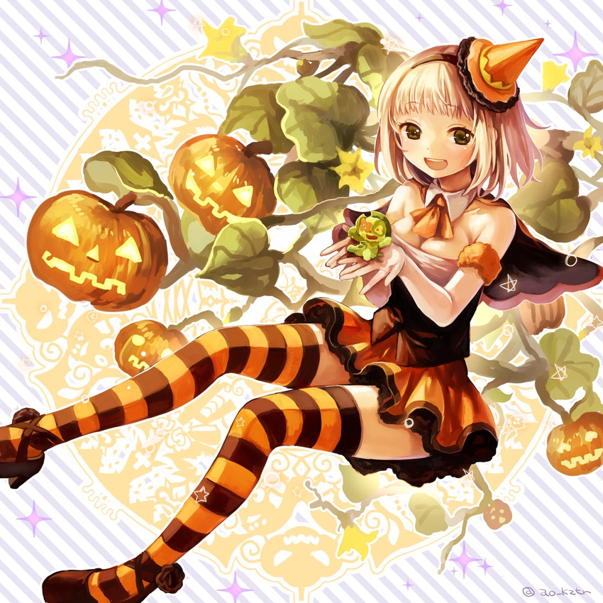 :d ao_no_exorcist ascot blonde_hair breasts capelet cleavage collarbone detached_collar diagonal_stripes elbow_gloves familiar gloves green_eyes hairband high_heels jack-o'-lantern kaji_o_toranai looking_at_viewer moriyama_shiemi nii_(ao_no_exorcist) open_mouth plant pumpkin shoes skirt small_breasts smile sparkle star striped striped_background striped_legwear thighhighs twitter_username vines white_gloves