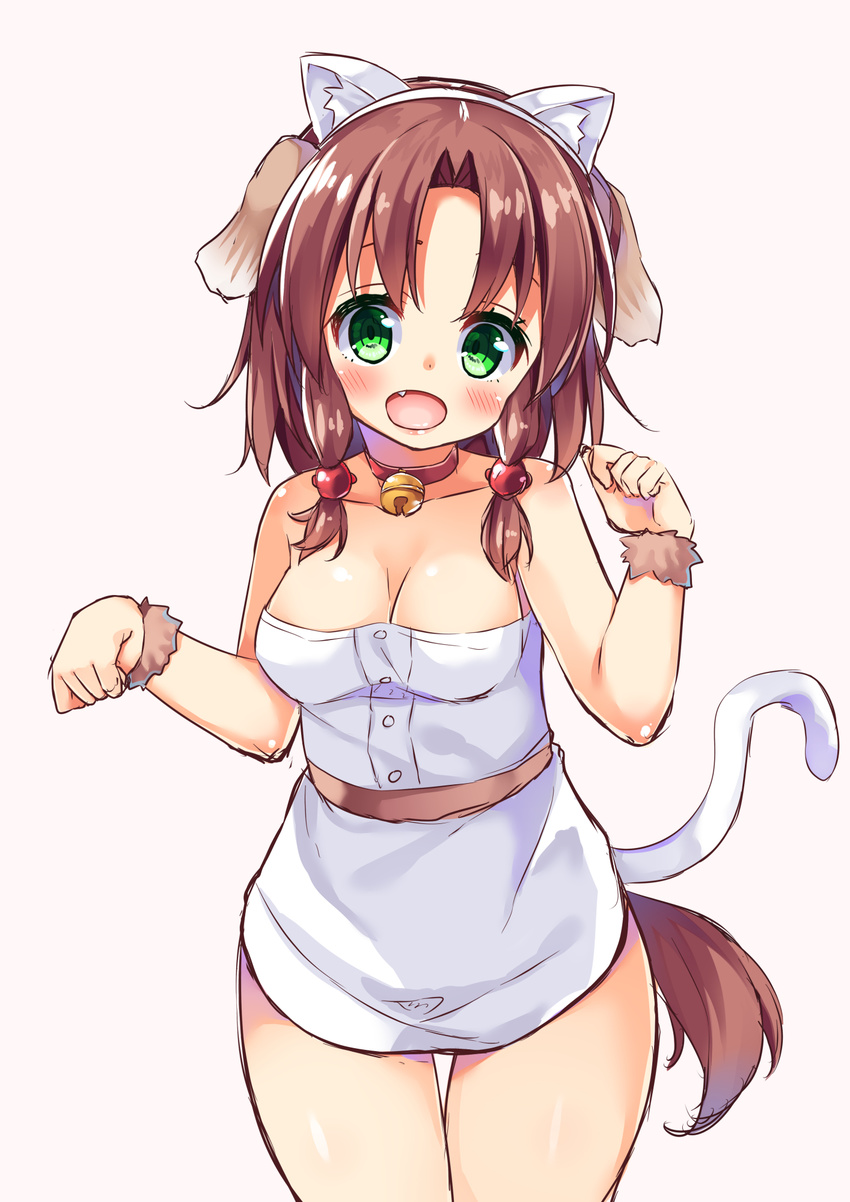 animal_ears asa_no_ha bell bell_collar breasts brown_hair cat_ears cat_tail cleavage collar dog_ears dog_tail fake_animal_ears green_eyes highres medium_breasts original short_hair simple_background solo tail