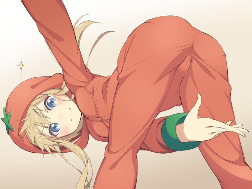 arm_up ass bent_over between_legs blonde_hair blue_eyes blush commentary from_behind gradient gradient_background hand_between_legs long_hair long_sleeves looking_at_viewer michairu pajamas pantylines smile solo sparkle tomato_costume toshinou_kyouko yuru_yuri