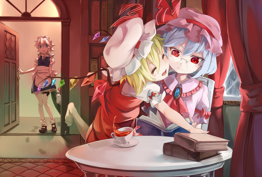 apron ascot asutora barefoot bespectacled blue_eyes blue_hair book bookshelf braid brooch check_commentary cheek-to-cheek closed_eyes commentary commentary_request cup curtains dragging dress flandre_scarlet footprints glasses green_dress hat hat_ribbon holster hong_meiling izayoi_sakuya jewelry maid maid_headdress mob_cap multiple_girls open_clothes open_dress open_mouth puffy_short_sleeves puffy_sleeves rain reading red_dress red_eyes red_hair remilia_scarlet ribbon short_sleeves siblings silver_hair sisters smile table tackle teacup thigh_holster touhou twin_braids waist_apron window wings