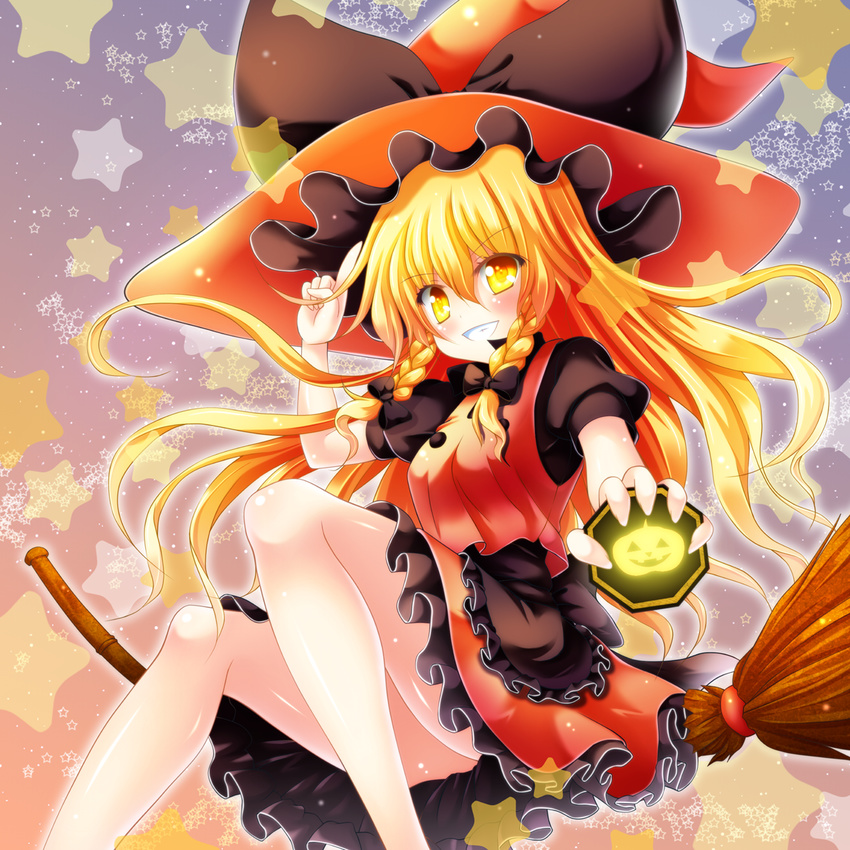 aiming_at_viewer alternate_color alternate_hairstyle apron bamboo_broom bare_legs blonde_hair bow braid broom broom_riding grin halloween halloween_costume hat hat_bow highres jack-o'-lantern kirisame_marisa long_hair looking_at_viewer mini-hakkero osashin_(osada) puffy_short_sleeves puffy_sleeves shirt short_sleeves sidesaddle skirt skirt_set smile solo star touhou twin_braids upskirt very_long_hair vest waist_apron witch_hat yellow_eyes