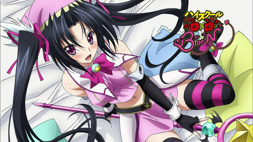 bed black_hair copyright_name eyecatch hair_ribbon high_school_dxd high_school_dxd_born highres long_hair looking_at_viewer navel official_art open_mouth pink_ribbon purple_eyes ribbon screencap serafall_leviathan skirt solo staff striped striped_legwear thighhighs zettai_ryouiki