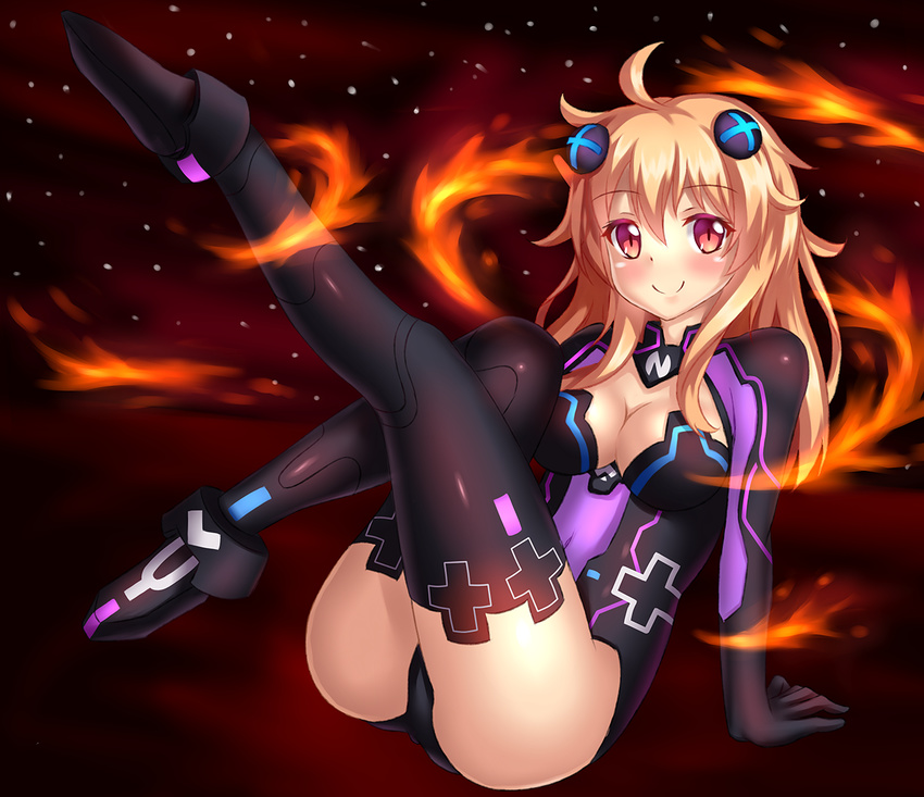 ahoge arm_support artist_self-insert ass bangs black_footwear black_legwear blonde_hair blush boots breasts cleavage cleavage_cutout colored_eyelashes cosplay covered_navel emblem fast-runner-2024 fire from_side full_body hair_between_eyes hair_ornament halloween halloween_costume headgear knee_up leaning_back leg_up leotard light_smile looking_at_viewer magical_girl medium_breasts neptune_(series) original purple_heart purple_heart_(cosplay) red_eyes sitting smile solo thigh_boots thighhighs thighs tiffy turtleneck