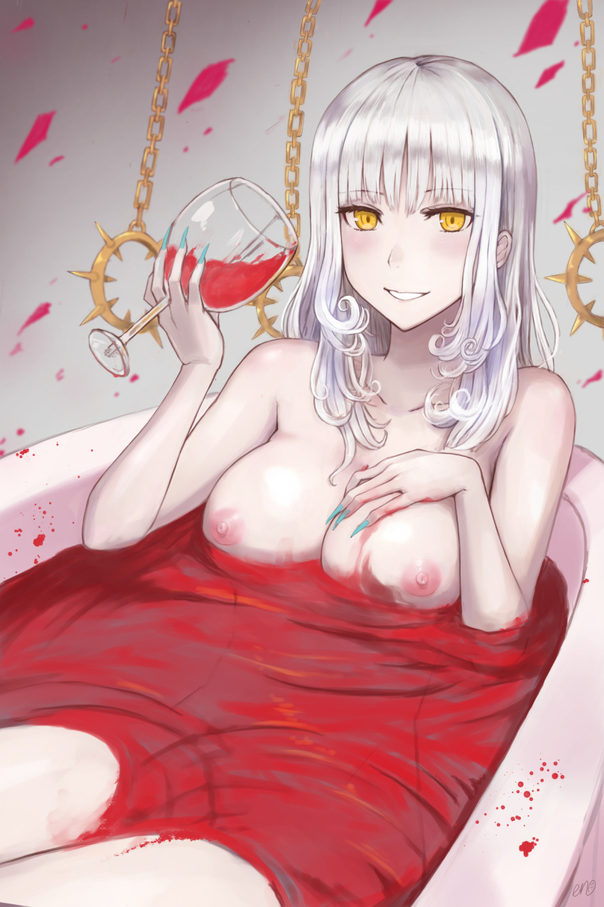 1girl areolae bathing bathtub blood blood_splatter blue_nails breasts carmilla_(fate/grand_order) collarbone commentary_request cup curly_hair drinking_glass eno_(joqeve) fate/grand_order fate_(series) fingernails highres holding holding_cup large_breasts light_blush long_fingernails looking_at_viewer medium_hair nail_polish nipples nude partially_submerged sharp_fingernails silver_hair smile solo wine_glass yellow_eyes