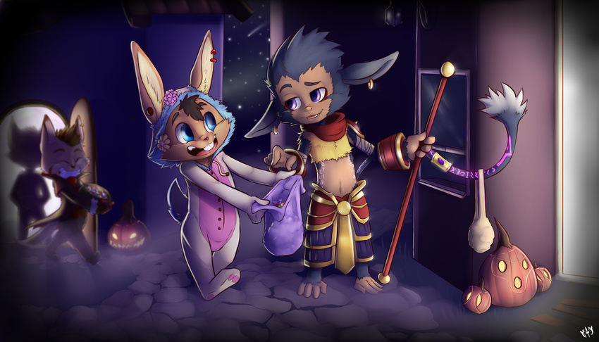 alvaro anthro big_ears buckteeth bunny_costume candy digital_media_(artwork) disguise duo_focus food furfit group halloween holidays league_of_legends male mammal midriff milo_(furfit) pumpkin signature staff standing teeth trick_or_treat video_games walking yordle