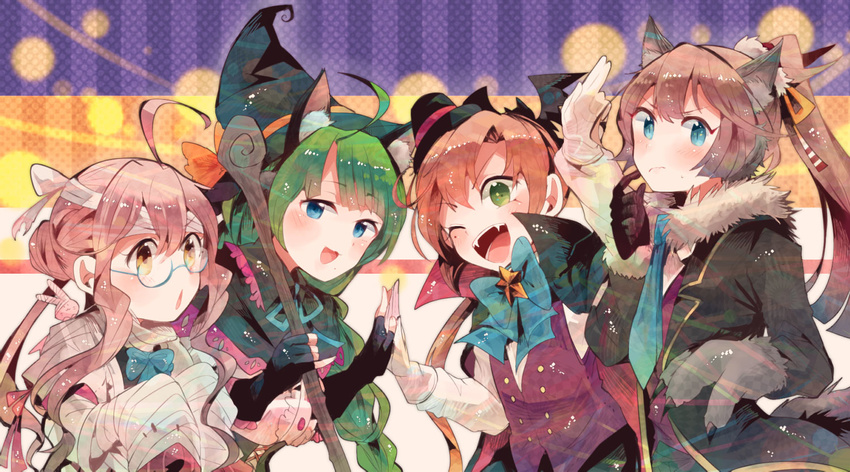 ahoge akigumo_(kantai_collection) animal_ears bat blue_eyes bow bowtie braid cat_ears glasses gloves green_eyes green_hair halloween_costume hat itomugi-kun kantai_collection kazagumo_(kantai_collection) makigumo_(kantai_collection) multiple_girls pink_hair ponytail staff tail witch_hat yellow_eyes yuugumo_(kantai_collection)