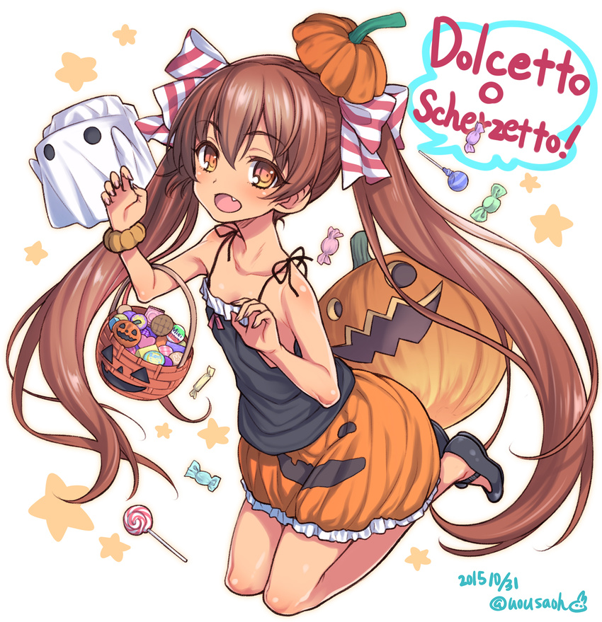 :d bare_legs bare_shoulders basket blush brown_eyes brown_hair candy condom_wrapper fang food halloween hat highres italian jack-o'-lantern kantai_collection libeccio_(kantai_collection) lollipop long_hair looking_at_viewer no_socks open_mouth ribbon simple_background skirt sleeveless smile solo trick_or_treat twintails uousa-ou