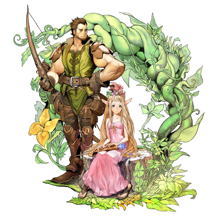 1girl bare_arms bare_shoulders beard blonde_hair boots bow brown_eyes brown_hair dress facial_hair fantasy_earth_zero gloves hair_ornament highres hirooka_masaki holding long_hair official_art pink_dress plant pointy_ears rod sacred_queen_tivarece sandals serious sitting sleeveless smile standing toes tree_stump vines winvene