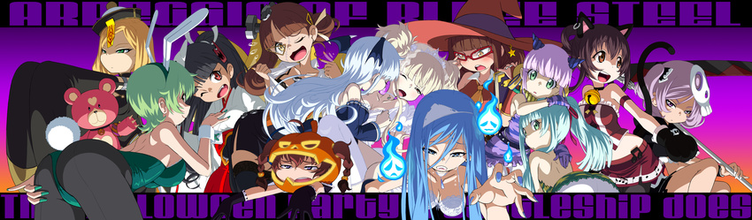 :3 :d :| absurdres animal_ears animal_print aoki_hagane_no_arpeggio ashigara_(aoki_hagane_no_arpeggio) ass bare_back bare_shoulders bell biting black_hair black_legwear blonde_hair blue_hair blue_nails bolt book breasts brown_hair bunny_ears bunny_tail bunnysuit cat_ears cat_paws cat_tail cleavage clenched_hand closed_mouth collar eighth_note glasses gloves green_eyes green_hair green_nails groping haguro_(aoki_hagane_no_arpeggio) hair_ornament hairband hand_on_ass hand_on_breast hand_on_eyewear haruna_(aoki_hagane_no_arpeggio) hat hiei_(aoki_hagane_no_arpeggio) highres hitodama horns hyuuga_(aoki_hagane_no_arpeggio) i-400_(aoki_hagane_no_arpeggio) i-402_(aoki_hagane_no_arpeggio) iona jack-o'-lantern japanese_clothes jingle_bell kamo_3 kirishima_(aoki_hagane_no_arpeggio) kongou_(aoki_hagane_no_arpeggio) large_breasts leaning_forward mask medium_breasts midriff miko monocle multiple_girls musical_note myoukou_(aoki_hagane_no_arpeggio) nachi_(aoki_hagane_no_arpeggio) nail_polish one_eye_closed open_mouth paws pink_nails ponytail purple_gloves purple_hair red_eyes red_gloves skull_necklace smile staff star stuffed_animal stuffed_toy tail takao_(aoki_hagane_no_arpeggio) teddy_bear twintails white_gloves witch_hat yotarou_(aoki_hagane_no_arpeggio) zebra_print
