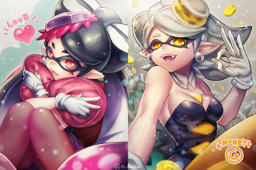 aori_(splatoon) artist_name bare_shoulders between_breasts black_hair breasts cleavage coin collar crossed_arms dress earrings fangs food food_on_head gloves heart heart_pillow hotaru_(splatoon) jewelry long_hair medium_breasts money money_gesture multiple_girls n_kamui object_on_head pantyhose parted_lips pillow pillow_hug pointy_ears red_eyes short_hair splatoon_(series) splatoon_1 split_screen strapless strapless_dress tentacle_hair white_gloves yellow_eyes