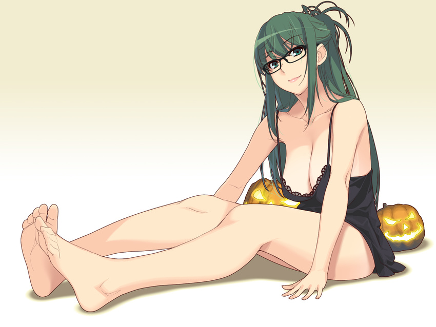barefoot black-framed_eyewear breasts chemise cleavage feet full_body glasses green_eyes green_hair highres ino jack-o'-lantern kisaragi_rei large_breasts long_hair looking_at_viewer otome_function simple_background sitting smile soles solo