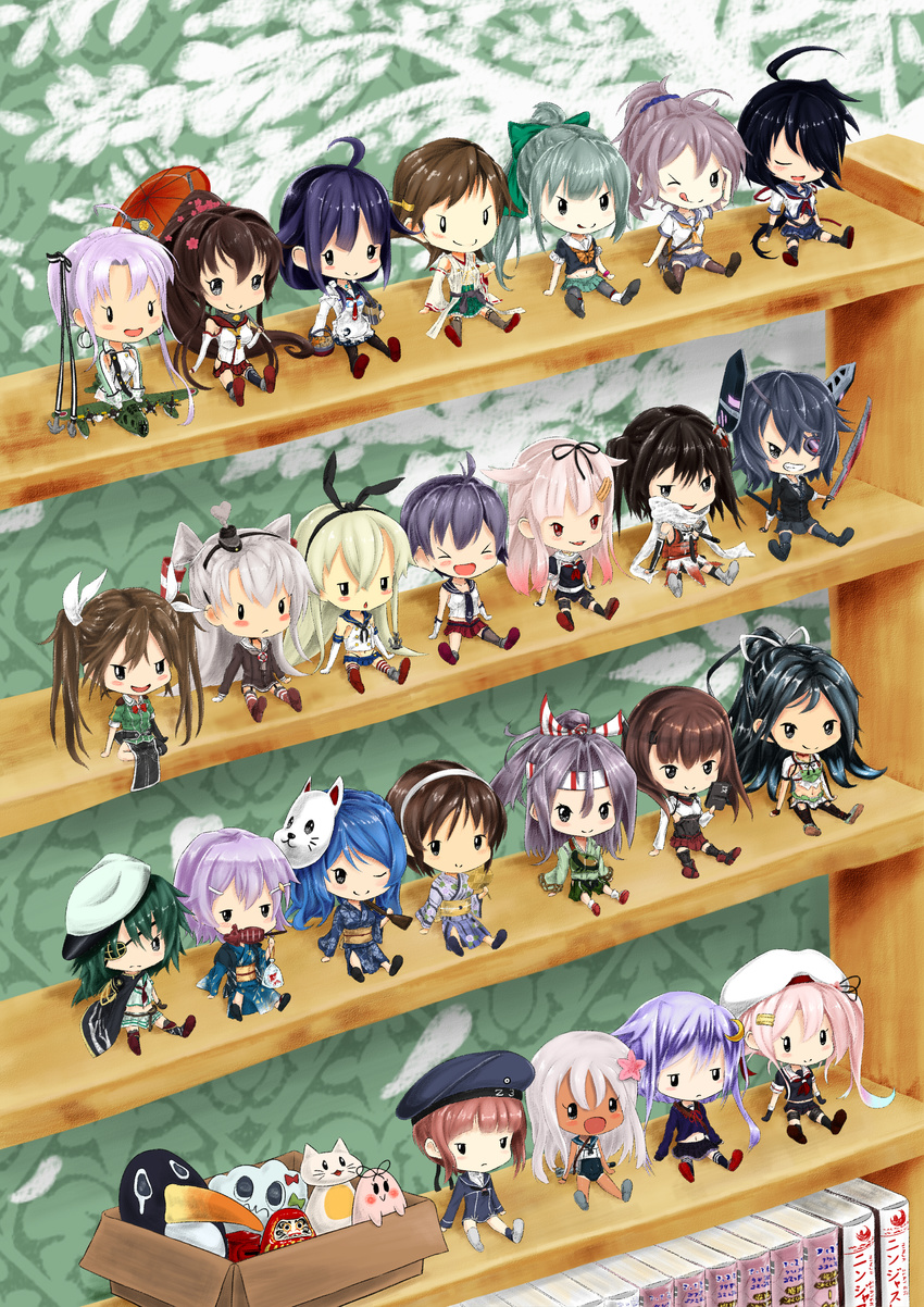 absurdres alternate_costume amatsukaze_(kantai_collection) aoba_(kantai_collection) black_hair blue_hair book bookshelf box brown_hair character_doll commentary_request daruma_doll doll failure_penguin gradient_hair green_hair grey_hair harusame_(kantai_collection) hiei_(kantai_collection) highres hisui4123 kako_(kantai_collection) kantai_collection katsuragi_(kantai_collection) kiso_(kantai_collection) miss_cloud multicolored_hair multiple_girls murasame_(kantai_collection) natori_(kantai_collection) pantyhose pink_hair purple_hair remodel_(kantai_collection) ro-500_(kantai_collection) sakawa_(kantai_collection) sendai_(kantai_collection) shelf shimakaze_(kantai_collection) taigei_(kantai_collection) taihou_(kantai_collection) tama_(kantai_collection) tehepero tenryuu_(kantai_collection) the_yuudachi-like_creature thighhighs tone_(kantai_collection) urakaze_(kantai_collection) white_hair yamato_(kantai_collection) yayoi_(kantai_collection) yuubari_(kantai_collection) yuudachi_(kantai_collection) z3_max_schultz_(kantai_collection) zuihou_(kantai_collection)