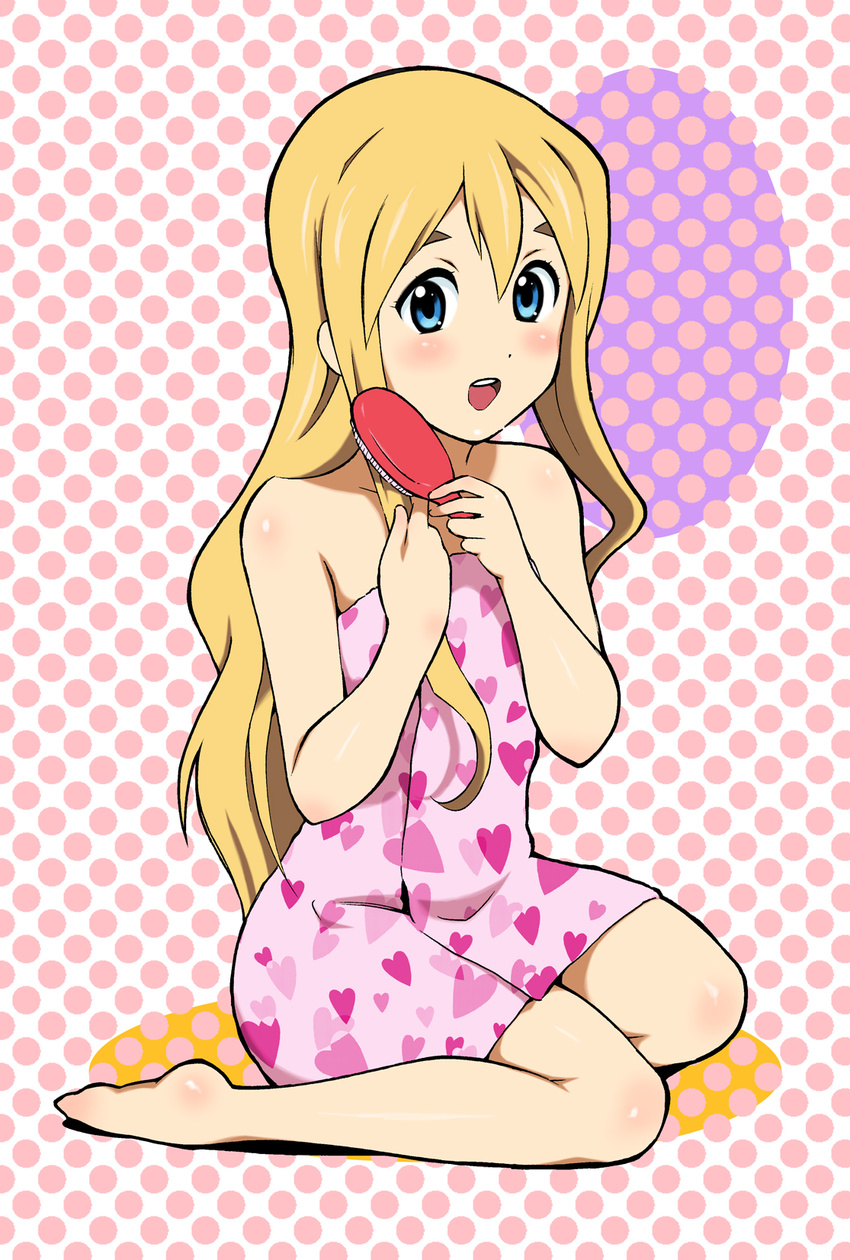 barefoot blonde_hair blue_eyes hair_brush hair_brushing heart highres k-on! kneeling kotobuki_tsumugi long_hair masuda_gou naked_towel solo towel