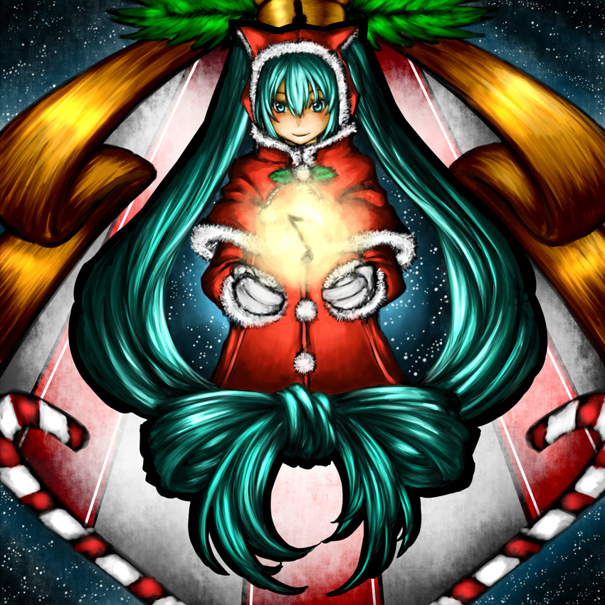 bow bow_by_hair candy candy_cane christmas eighth_note eiji_(eiji) food hair_bow hatsune_miku highres long_hair musical_note santa_costume solo twintails vocaloid