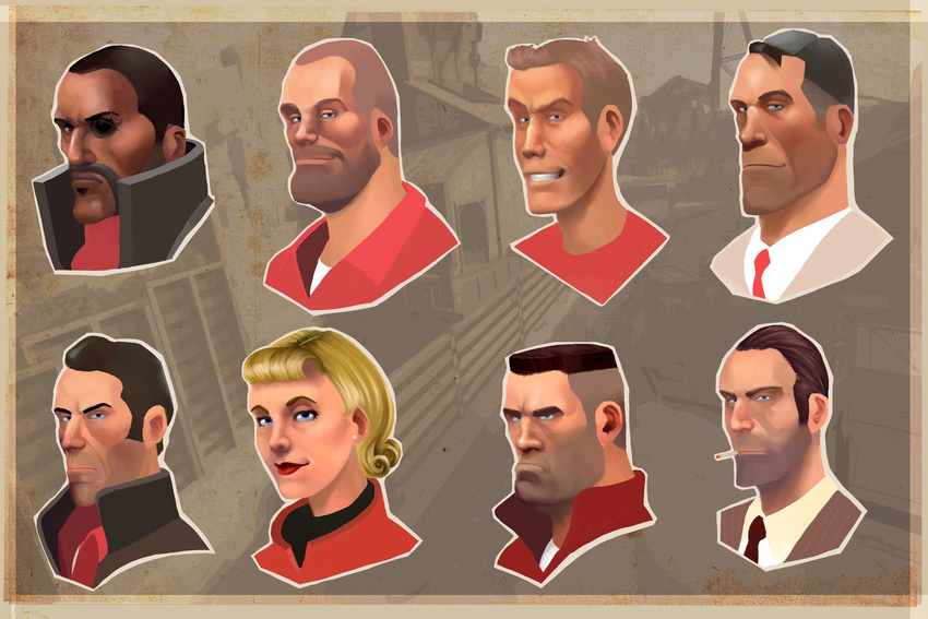 6+boys artist_request bald black_hair blonde_hair brown_hair cigarette everyone facial_hair goatee highres liquidsilk male missing_eye multiple_boys mustache necktie profile stubble team_fortress_2 the_demoman the_engineer the_medic the_pyro the_scout the_sniper the_soldier the_spy