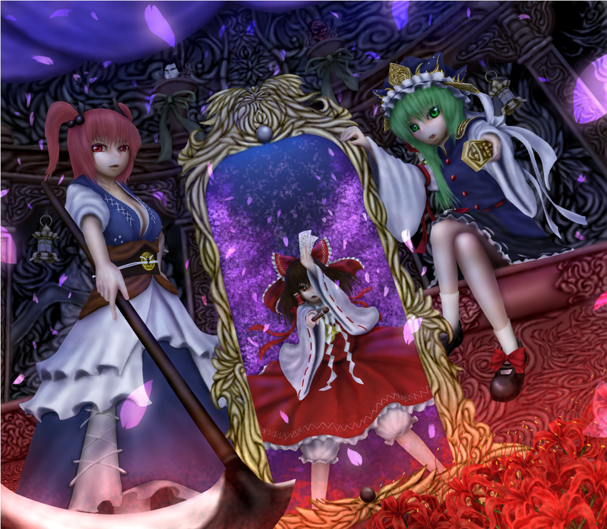 bow brown_hair detached_sleeves green_hair hair_bobbles hair_bow hair_ornament hakurei_reimu hat mirror miyakouji multiple_girls onozuka_komachi phantasmagoria_of_flower_view red_eyes red_hair reflection rod_of_remorse shiki_eiki short_hair touhou two_side_up