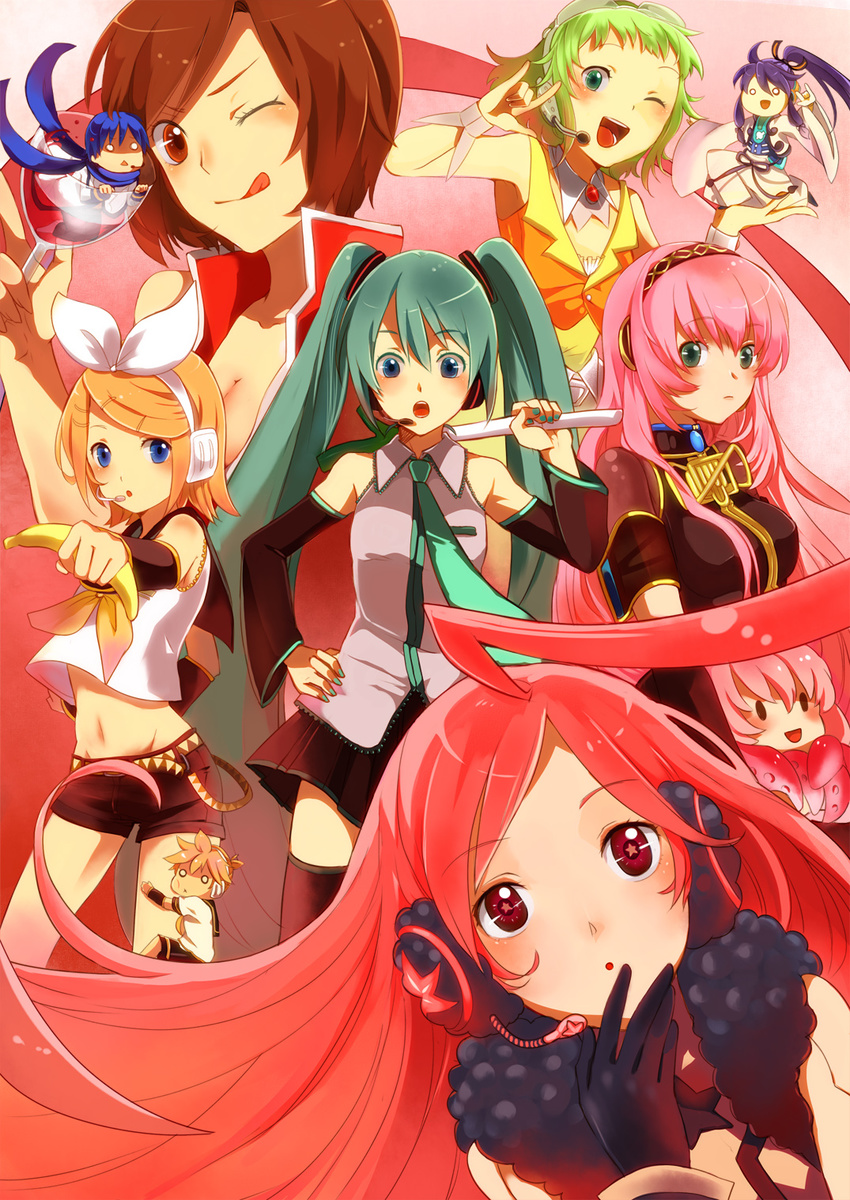 3boys 6+girls ahoge alcohol aqua_eyes aqua_hair bad_id bad_pixiv_id banana blue_eyes blue_hair blush brown_eyes brown_hair chibi cup detached_sleeves drinking_glass everyone food fruit gloves green_eyes green_hair gumi hatsune_miku headset highres kagamine_len kagamine_rin kaito kamui_gakupo long_hair megurine_luka meiko midriff miniboy multiple_boys multiple_girls nanamura navel one_eye_closed pink_hair ponytail purple_hair sf-a2_miki shorts siblings skirt spring_onion takoluka thighhighs twintails very_long_hair vocaloid wine wine_glass zettai_ryouiki