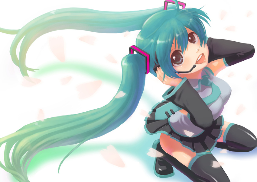 cloverpeia detached_sleeves green_eyes green_hair hatsune_miku headphones headset long_hair looking_up microphone petals solo squatting thighhighs twintails vocaloid