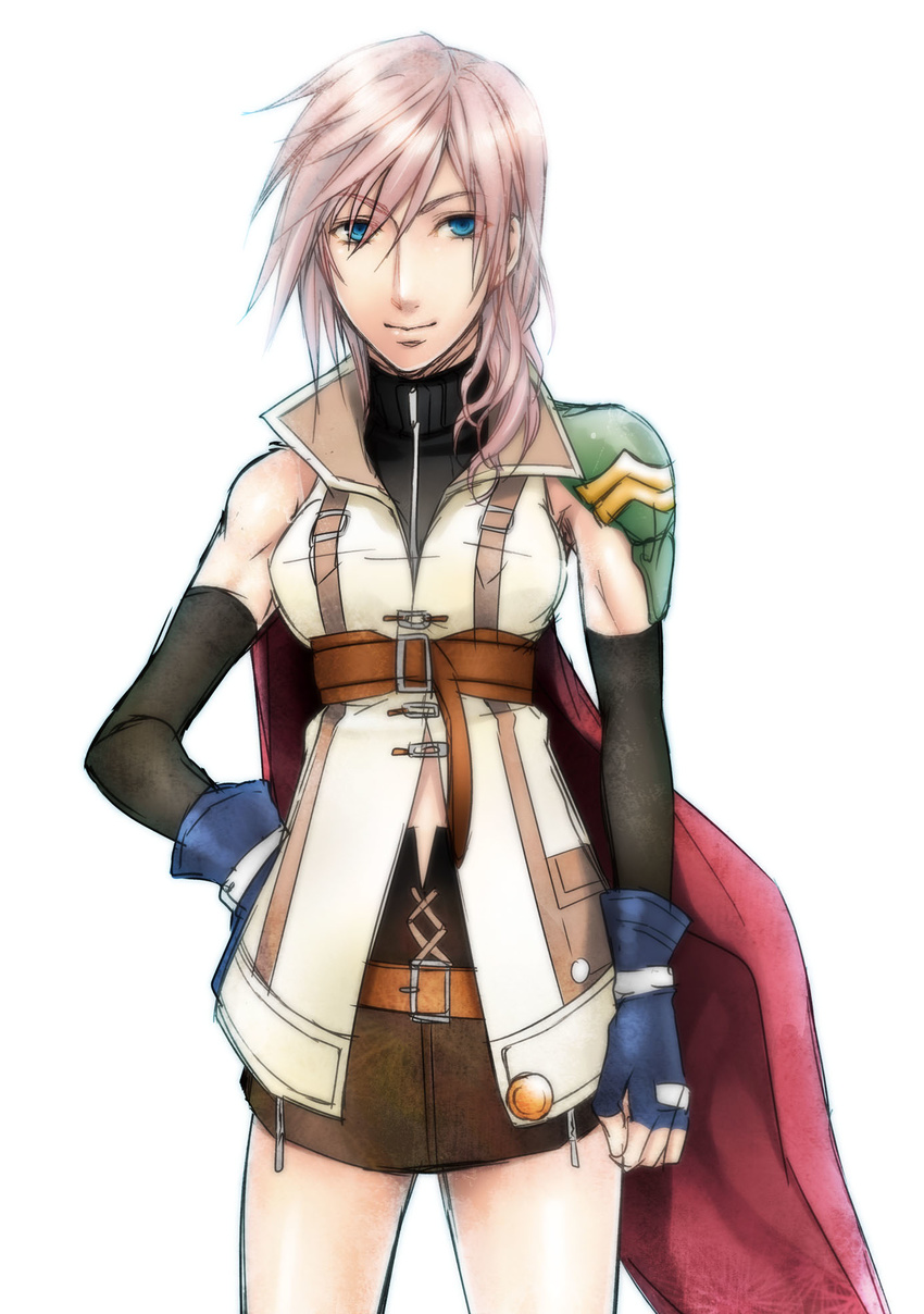 1girl belt blue_eyes elbow_gloves female final_fantasy final_fantasy_xiii fingerless_gloves gloves hands_on_hips highres lightning_(ff13) lightning_farron long_hair miniskirt pink_hair simple_background skirt sleeveless sleeveless_turtleneck solo turtleneck unizo white_background