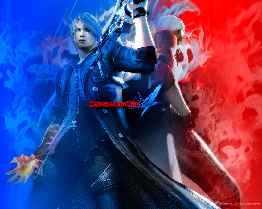 back-to-back dante_(devil_may_cry) devil_may_cry devil_may_cry_4 male_focus multiple_boys nero_(devil_may_cry) sword wallpaper weapon
