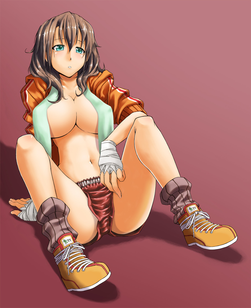alto-00 aqua_eyes bandages breasts brown_hair cleavage hand_wraps highres jacket large_breasts legs long_hair loose_socks navel no_bra open_clothes open_shirt original sabotender shirt shorts sleeves_pushed_up socks solo spread_legs towel