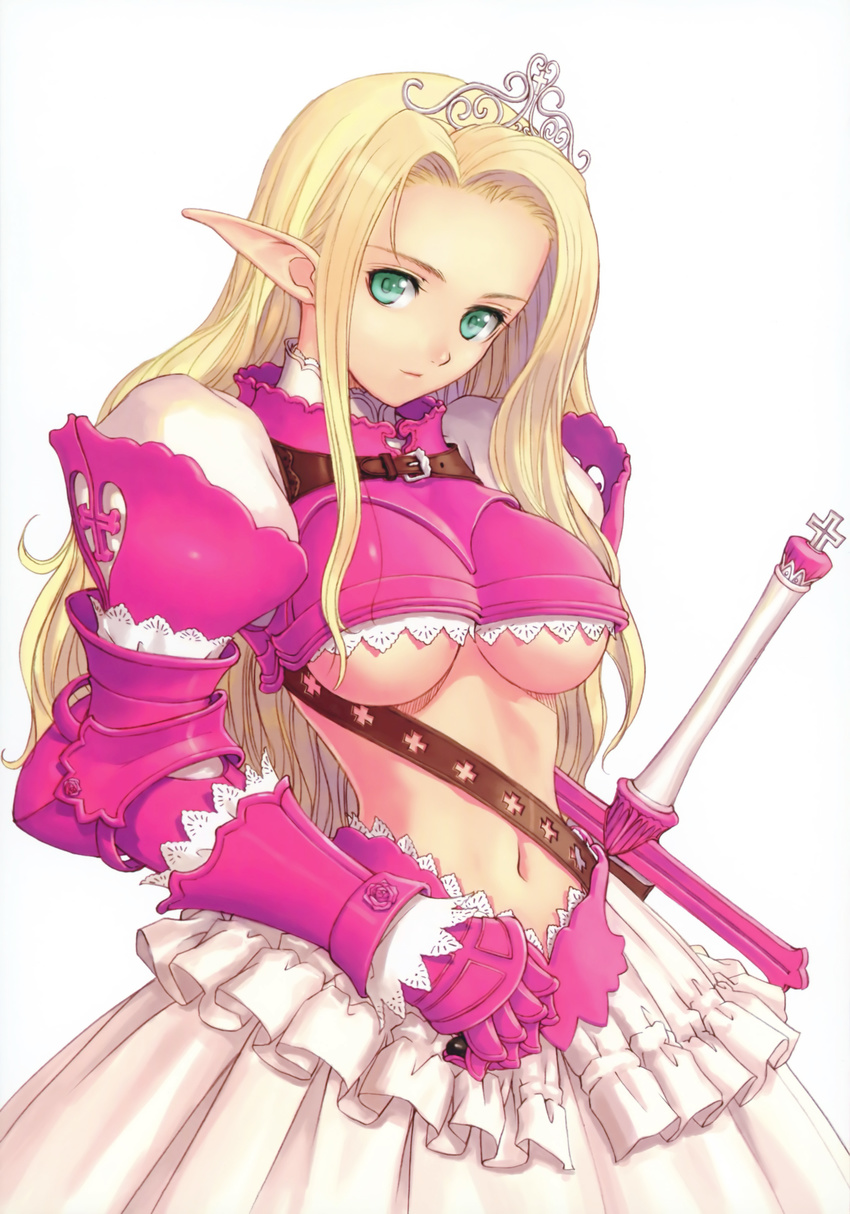 absurdres armor armored_dress blonde_hair breasts copyright_request crown dress elf gauntlets gloves gown green_eyes hat highres long_hair medium_breasts midriff pointy_ears princess solo sword tanaka_takayuki tiara underboob weapon