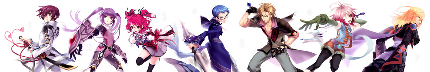 4boys absurdres akiyoshi_haru asbel_lhant blue_eyes blue_hair blue_shirt brown_eyes brown_hair cheria_barnes glasses gradient_hair highres hubert_ozwell long_hair long_image malik_caesars multicolored_hair multiple_boys multiple_girls pascal purple_eyes purple_hair ready_to_draw red_hair ribbon richard_(tales) scarf shirt sophie_(tales) staff sword tales_of_(series) tales_of_graces twintails two_side_up weapon white_hair wide_image