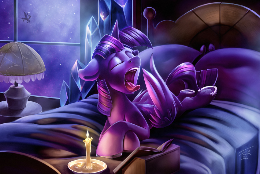 2015 bed candle equine eyes_closed feathered_wings feathers feral friendship_is_magic hair hooves horn inside lamp lying mammal my_little_pony on_bed on_front open_mouth pillow tongue tongue_out tsitra360 twilight_sparkle_(mlp) underhoof winged_unicorn wings yawn