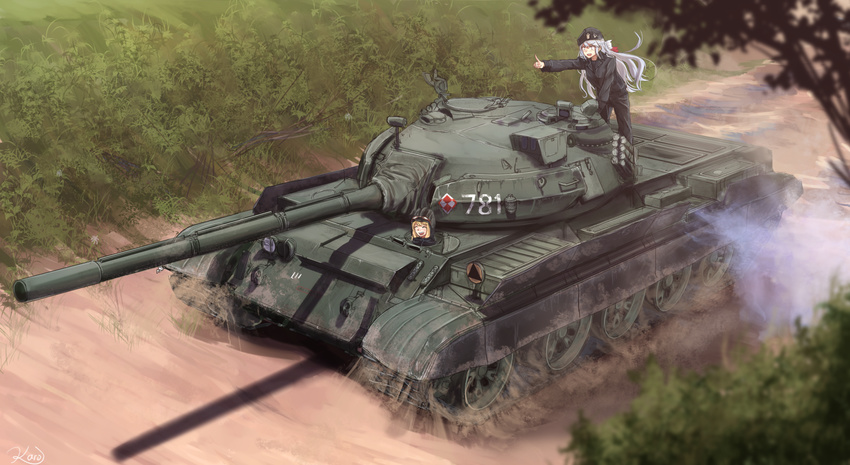 arm_support beret caterpillar_tracks closed_eyes driving dust_cloud goggles goggles_on_head ground_vehicle hat helmet highres karo-chan long_hair military military_uniform military_vehicle motor_vehicle multiple_girls original pointing poland road signature silver_hair smile standing t-55 t55am_merida tank uniform
