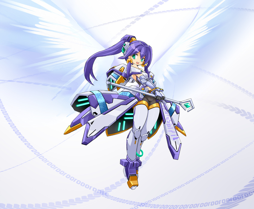 angelan character_name green_eyes karukan_(monjya) mecha_musume personification ponytail purple_hair solo staff virtual_on wings