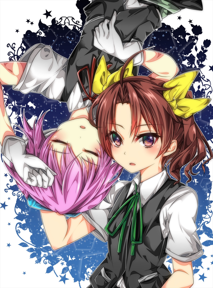 ahoge bangs brown_hair closed_eyes gloves hair_between_eyes hair_ornament hair_ribbon hand_on_another's_head highres hikobae kagerou_(kantai_collection) kantai_collection long_hair multiple_girls open_mouth pink_hair ponytail purple_eyes ribbon school_uniform shiranui_(kantai_collection) short_hair short_sleeves twintails vest white_gloves