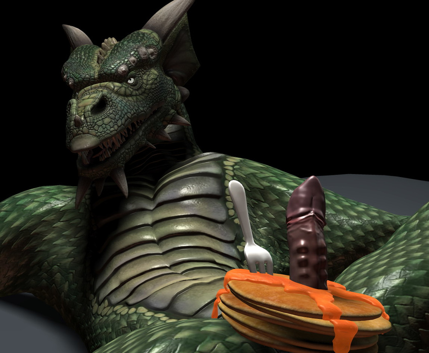 3d cgi digital_media_(artwork) dragon erection food fork horn male millennium_dragon pancake penis scale scalie sharp_teeth solo tagme teeth wooky