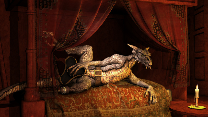 3d amputee bed bedroom candle cgi digital_media_(artwork) dragon hat millennium_dragon pirate pose scalie solo suggestive tagme wooky