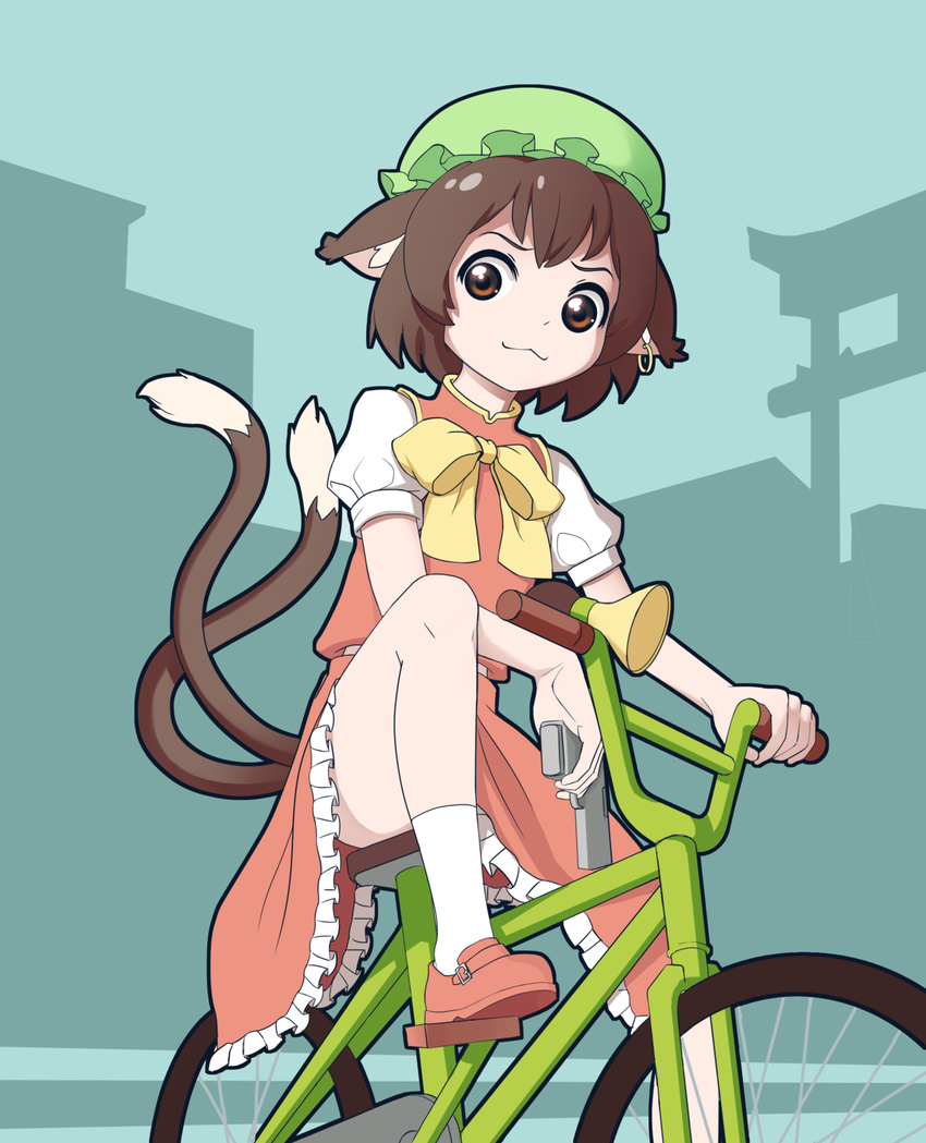 :3 animal_ears bicycle bike_horn bow bowtie brown_eyes brown_hair cat_ears cat_tail chen earrings erwnoid fangs grand_theft_auto grand_theft_auto:_san_andreas ground_vehicle gun hat highres jewelry long_sleeves looking_at_viewer multiple_tails parody shoes short_hair sitting skirt socks solo tail touhou weapon white_legwear yellow_bow yellow_neckwear