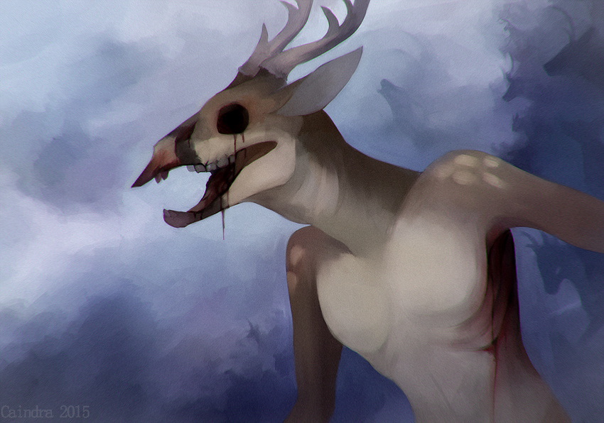 antlers blood brown_fur caindra cervine deer fur ghoul gore horn horror mammal mist teeth tzarious undead