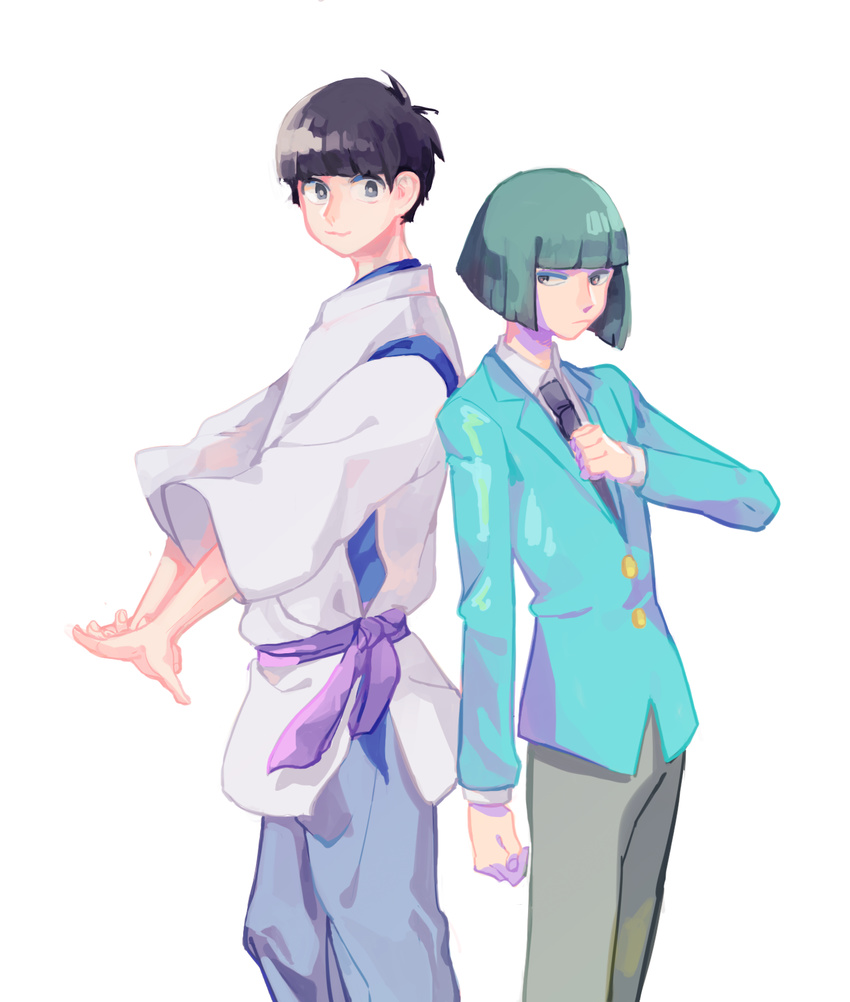 bad_id bad_twitter_id black_hair bowl_cut cosplay costume_switch cowboy_shot formal green_hair haku_(sen_to_chihiro_no_kamikakushi) height_difference highres irino_miyu japanese_clothes male_focus matsuno_todomatsu mockthan multiple_boys osomatsu-kun osomatsu-san seiyuu_connection sen_to_chihiro_no_kamikakushi stretch suit white_background