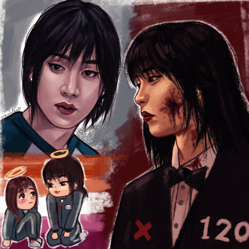 2girls absurdres adam's_apple aegyo_sal arms_at_sides black_bow black_bowtie black_eyes black_hair black_jacket blood blood_on_cheek blood_on_face blue_jacket blue_pants blue_sleeves blue_trim bob_cut bow bowtie buttons chibi chibi_inset cho_hyun-ju collared_shirt commentary cropped_shoulders crossdressing crossdressing_(ftm) earrings english_commentary eye_contact eyelashes flag_background flat_chest from_side grey_background hair_between_eyes halo highres jacket jewelry kim_young-mi lesbian_flag lips long_sleeves looking_ahead looking_at_another looking_at_viewer medium_hair multiple_girls multiple_views outline pants profile puffy_long_sleeves puffy_sleeves raglan_sleeves realistic red_background red_lips shirt short_hair silver_earrings simple_background single_vertical_stripe solo_focus sparklyboo squid_game straight_hair stud_earrings track_jacket traditional_bowtie tsurime upper_body white_outline white_shirt yellow_halo yuri