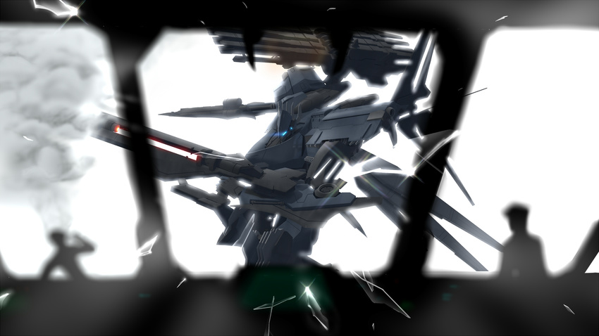 armored_core bad_end battle broken_glass damaged defeat glass glowing glowing_eyes gsan highres mecha multiple_boys science_fiction ship ship_interior watercraft window