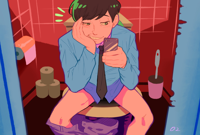 artist_name bad_id bad_twitter_id bathroom black_hair cellphone derivative_work dress_shirt green_eyes male_focus matsuno_choromatsu necktie o2_(o2mm) osomatsu-kun osomatsu-san pants_down phone reference_work screencap_redraw shirt sitting smartphone smirk solo toilet toilet_paper toilet_use