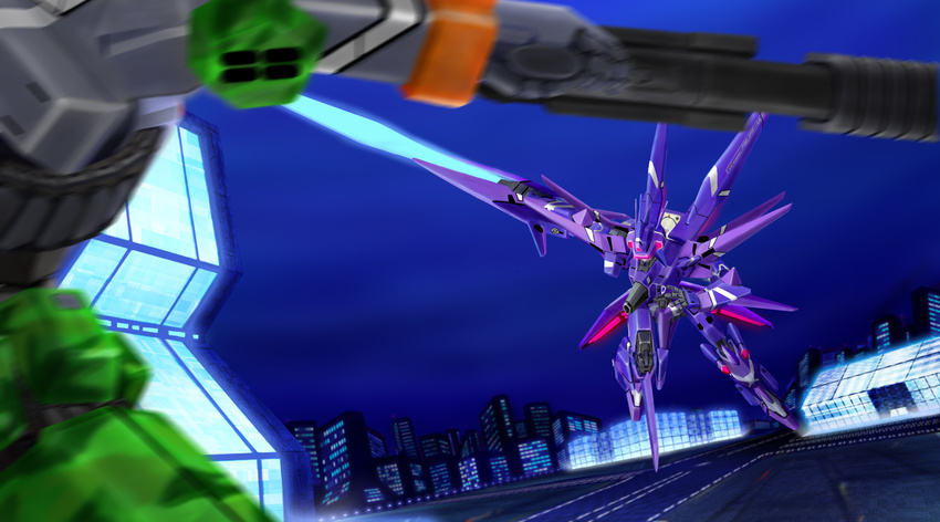 battle cypher_(virtual_on) energy_sword glowing highres mecha no_humans ryuu_raiga sword thrusters virtual_on weapon