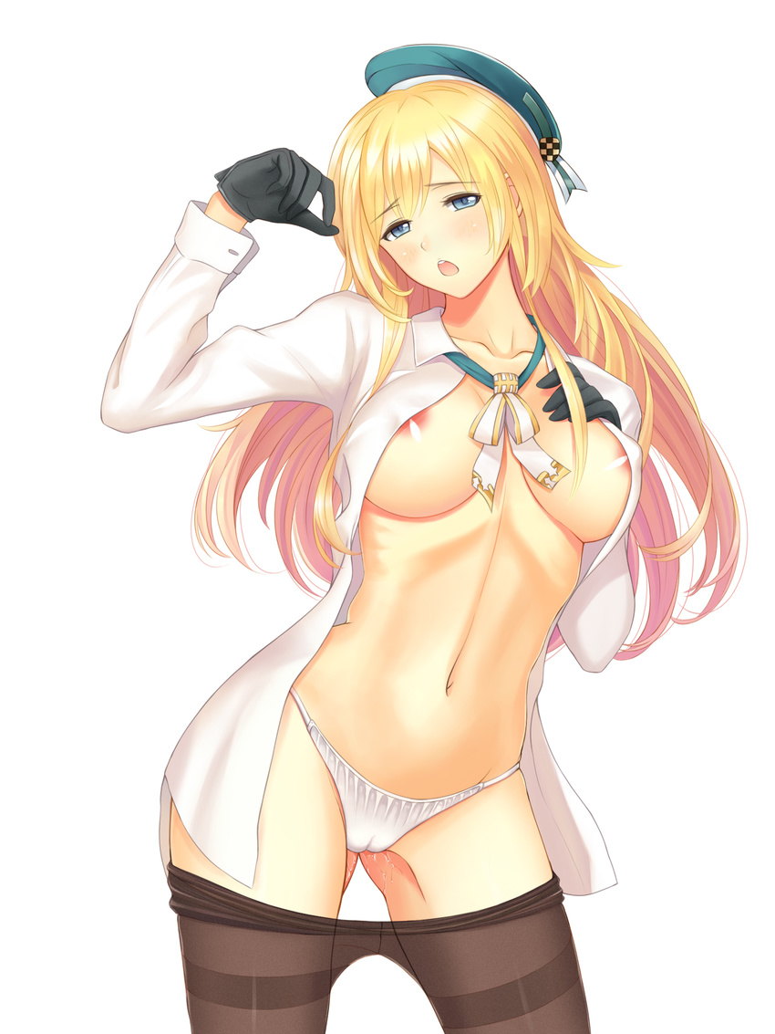 areolae ass_visible_through_thighs atago_(kantai_collection) blue_eyes blush breast_suppress breasts cameltoe chestnut_mouth collarbone contrapposto covered_nipples cowboy_shot crotch_seam dress_shirt gloves hat head_tilt highres kantai_collection large_breasts long_hair ltt_challenger md5_mismatch navel no_bra open_clothes open_mouth open_shirt panties pantyhose pantyhose_pull pussy_juice shirt simple_background solo standing thighband_pantyhose underwear white_background