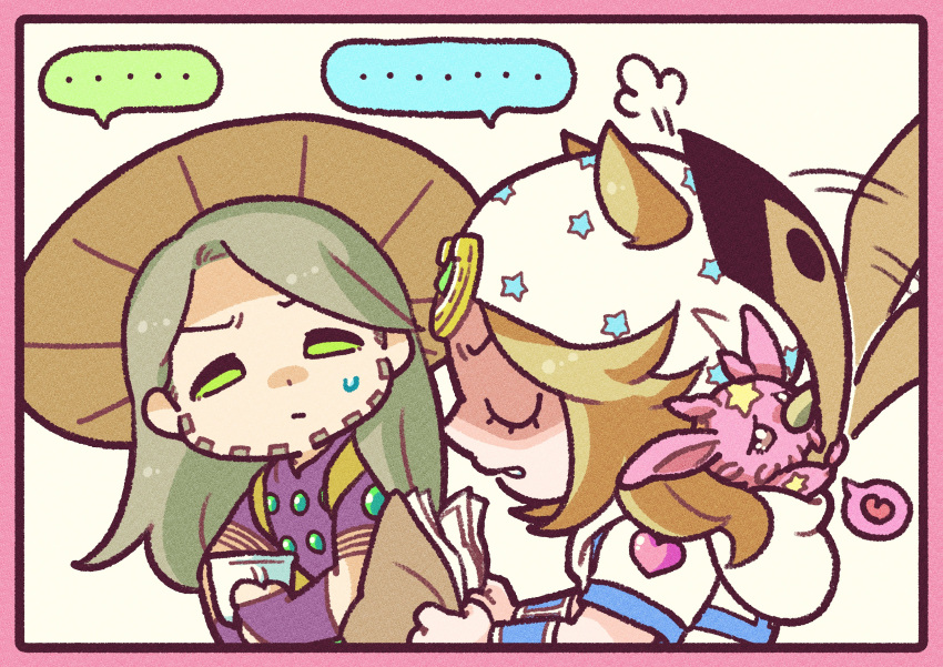 ... 2boys absurdres beanie beard blonde_hair blue_sleeves book border bridal_gauntlets brown_hat chibi chibi_only closed_eyes cowboy_hat english_commentary facial_hair feathers green_eyes grey_hair gyro_zeppeli hat heart heart_ornament highres holding holding_book hood hood_down hoodie horseshoe_hat_ornament horseshoe_ornament johnny_joestar jojo_no_kimyou_na_bouken long_hair looking_at_another m_a_a_m_8 male_focus medium_hair multiple_boys pink_border purple_bridal_gauntlets purple_shirt reading redrawn shaded_face shirt simple_background spoken_ellipsis spoken_heart stand_(jojo) star_(symbol) star_print steel_ball_run tusk_(stand) tusk_act1 two-tone_sleeves white_background white_hat white_hoodie white_sleeves