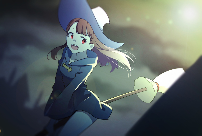 :d black_dress blurry blurry_background blurry_foreground broom broom_riding brown_hair canon_(aria) collarbone dress eyebrows_visible_through_hair floating_hair hat highres hood hood_down hooded_dress kagari_atsuko lens_flare little_witch_academia long_hair long_sleeves looking_to_the_side open_mouth red_eyes short_dress smile solo white_hat witch_hat