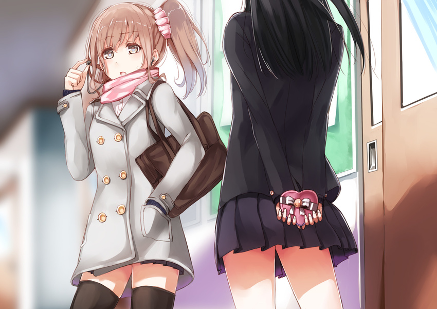 adjusting_earphones arms_behind_back bad_id bad_pixiv_id bag bangs black_hair black_legwear bow box brown_hair buttons chibi coat commentary cowboy_shot door double-breasted earphones gift gift_box hair_ornament hair_scrunchie hand_in_pocket heart heart-shaped_box highres holding holding_gift long_hair long_sleeves looking_at_another miniskirt multiple_girls nyoijizai open_mouth original out_of_frame paper pleated_skirt scarf scrunchie shoulder_bag side_ponytail single_earphone_removed skirt thighhighs valentine yuri zettai_ryouiki
