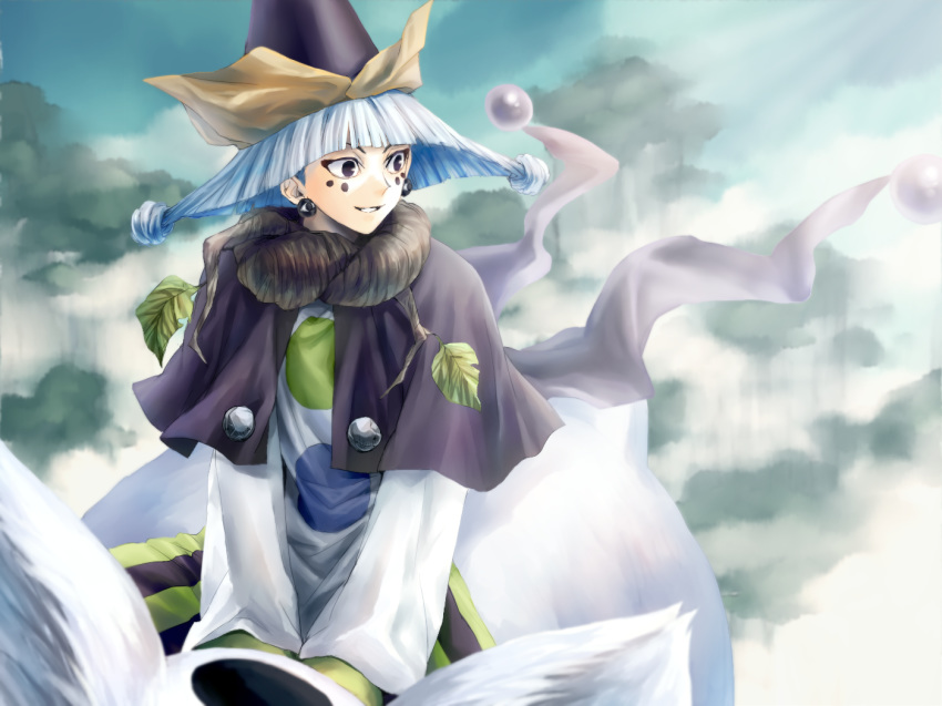 1boy above_clouds black_capelet black_eyes capelet cloud earrings facial_mark hat houshin_engi jewelry leaf looking_to_the_side male_focus mountain riding scarf shinkouhyou sky smile solo suji white_hair