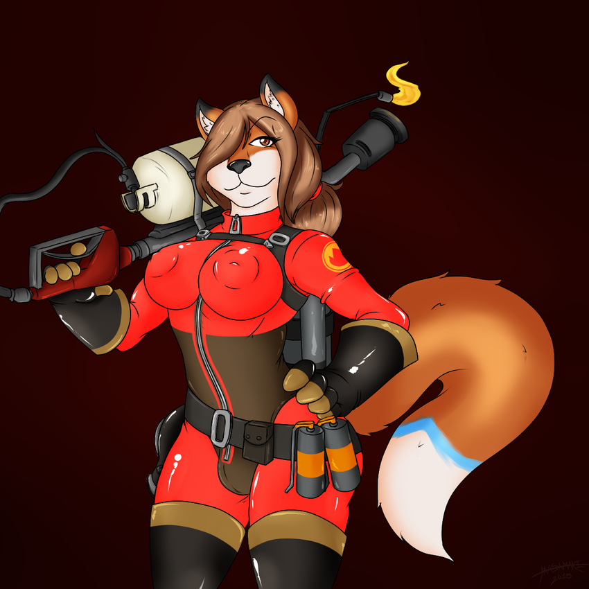 2015 anthro big_breasts breasts bulge canine clothed clothing dickgirl fox gas_mask hair intersex looking_at_viewer mammal masamaki pyro pyro_(team_fortress_2) simple_background smile team_fortress_2 video_games weapon