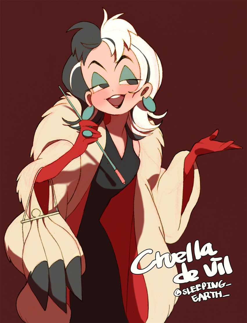 1girl bad_id bad_twitter_id bag black_lipstick character_name cigarette_holder cruella_de_vil disney dress earrings fur_coat gloves handbag highres jewelry lips lipstick makeup mua_(sleeping_earth) multicolored_hair open_mouth red_background red_gloves simple_background smile solo twitter_username two-tone_hair younger