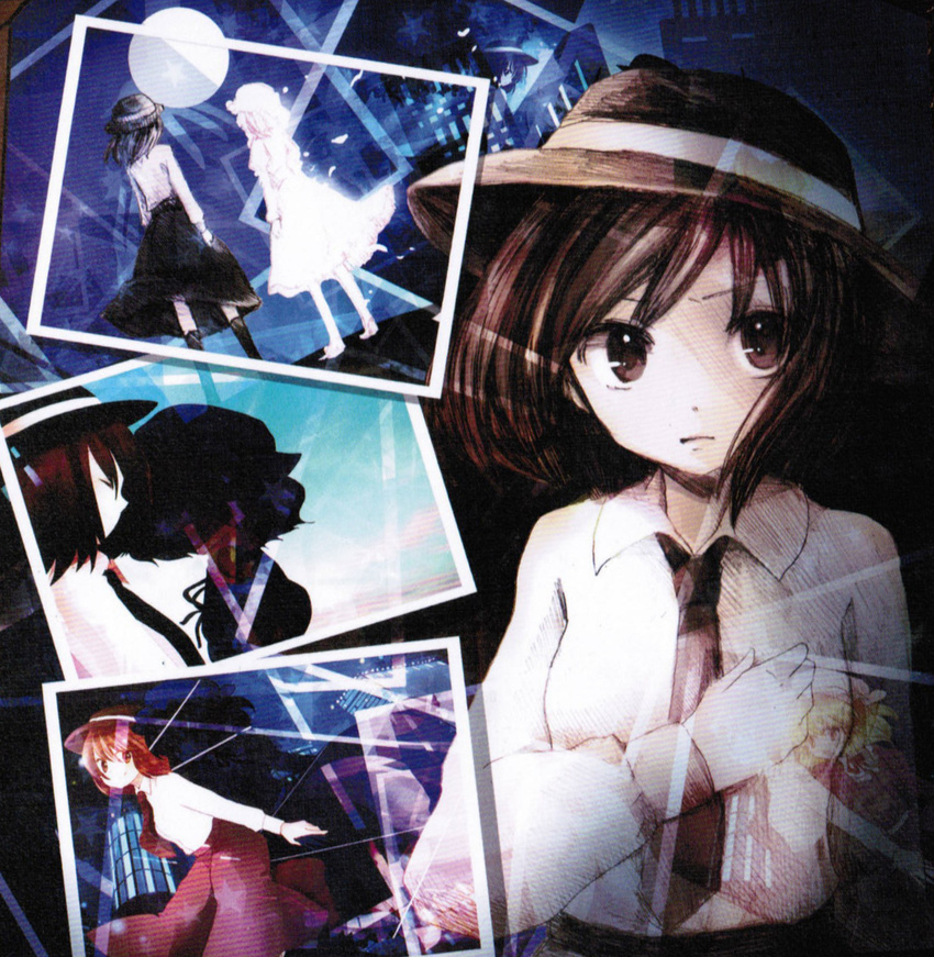 brown_eyes brown_hair closed_eyes hanada_hyou hat hat_ribbon highres long_sleeves looking_at_viewer maribel_hearn multiple_girls necktie photo_(object) ribbon scan scan_artifacts silhouette touhou usami_renko